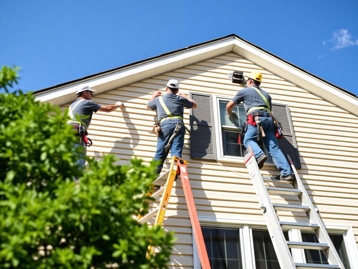 Installation crew fitting vinyl siding panels on a two-story home